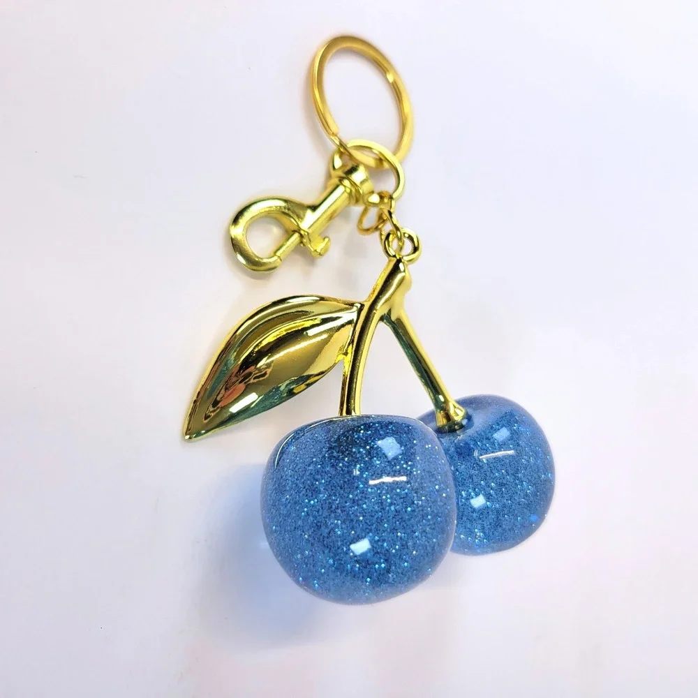 Double Cherry Bag Charm Keychain Glitter Blue Gold Coquette Festival NEW